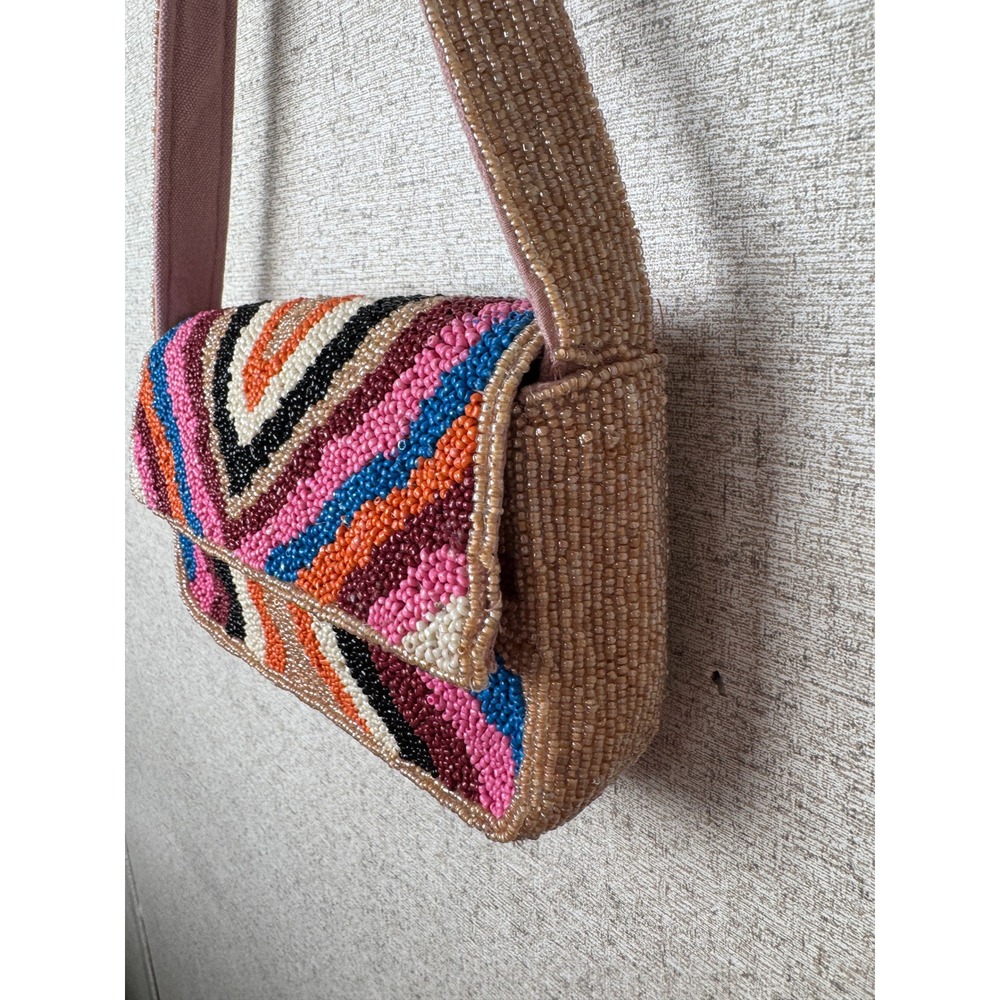 America & Beyond Soho Tan Tufted Beaded Shoulder Bag Multicolor Rainbow NWOT - Picture 3 of 13